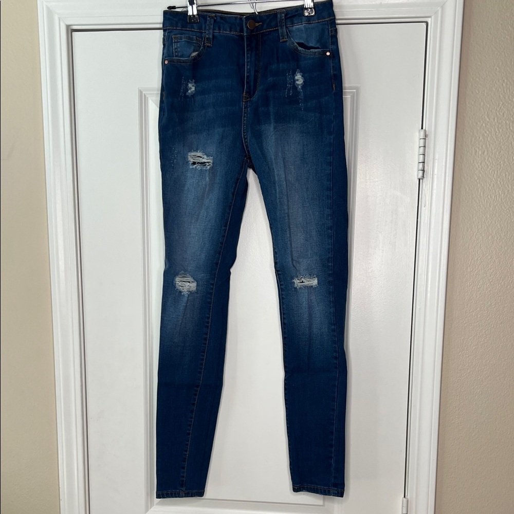 Fashion Nova Dark Blue Distressed Skinny Jeans